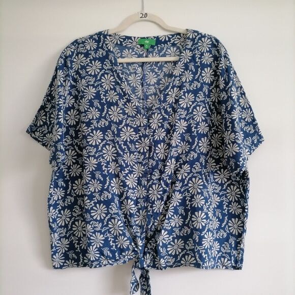 Dlp Women's Blue Floral Knot Front Button up V Neck Classy Top Size X-Large - Picture 1 of 6